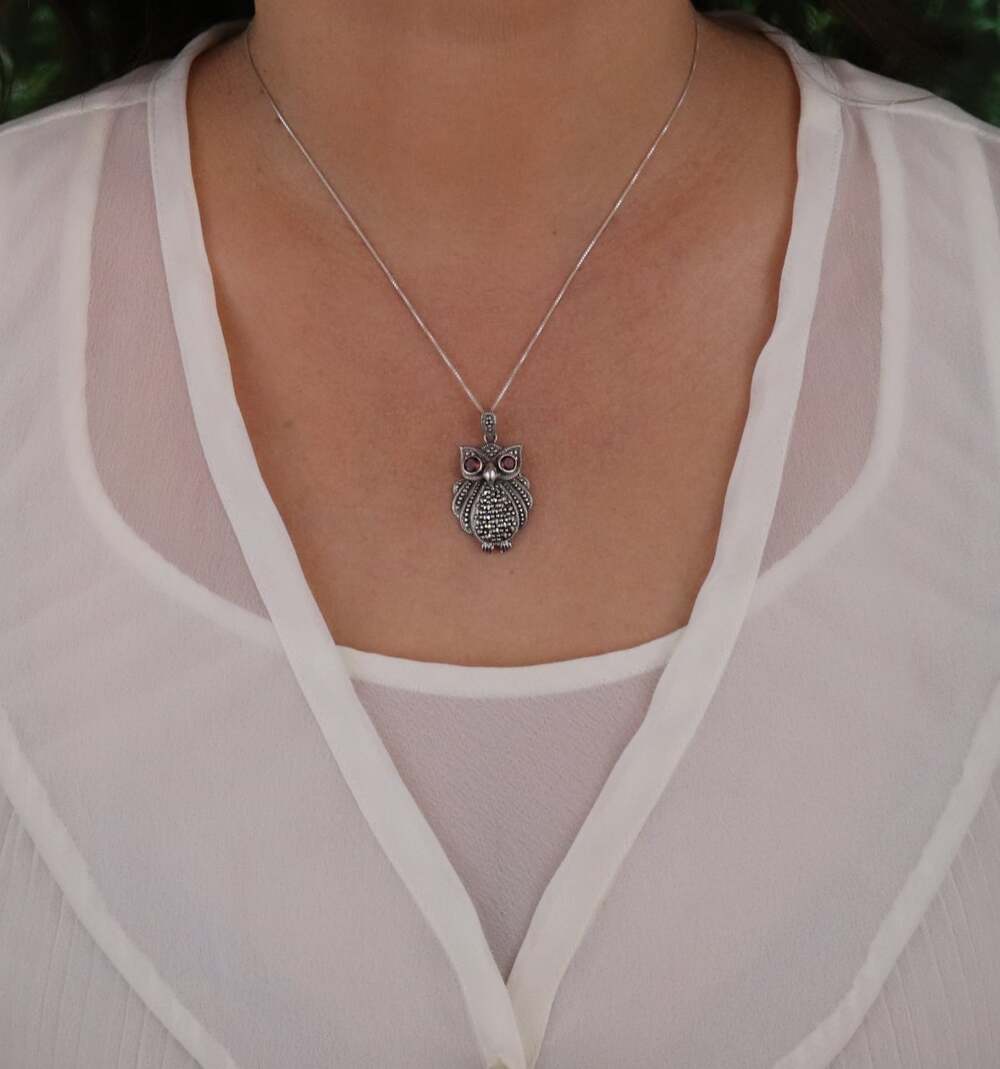 Pendant Only Sterling Silver Natural Garnet Marcasite Owl Pendant 1 1/4" x 3/4" - Picture 4 of 7